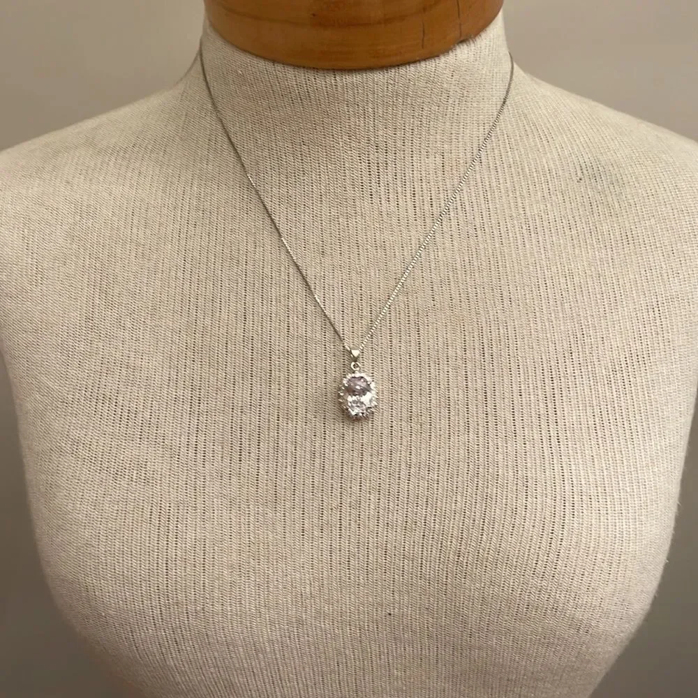 Vintage Oval Halo CZ Pendant with Sterling Silver Box Chain